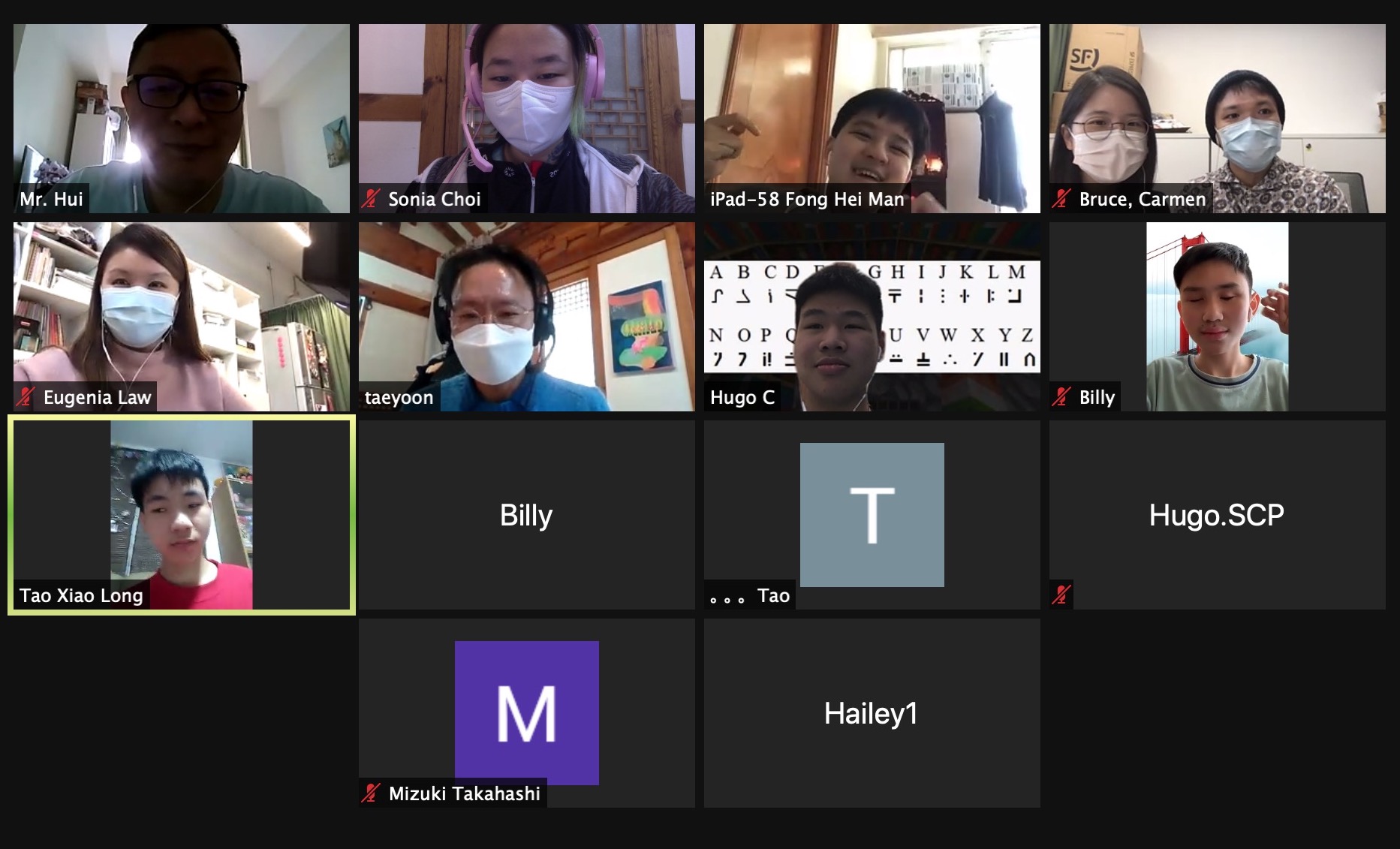 A screen shot of Poetic Coding Workshop that was taught through zoom. There are four blind and low-vision students who look happy. There are two teachers present, Mr. Hui and Taeyoon Choi. There are also four other facilitators from CHAT and Taeyoon Studios. 