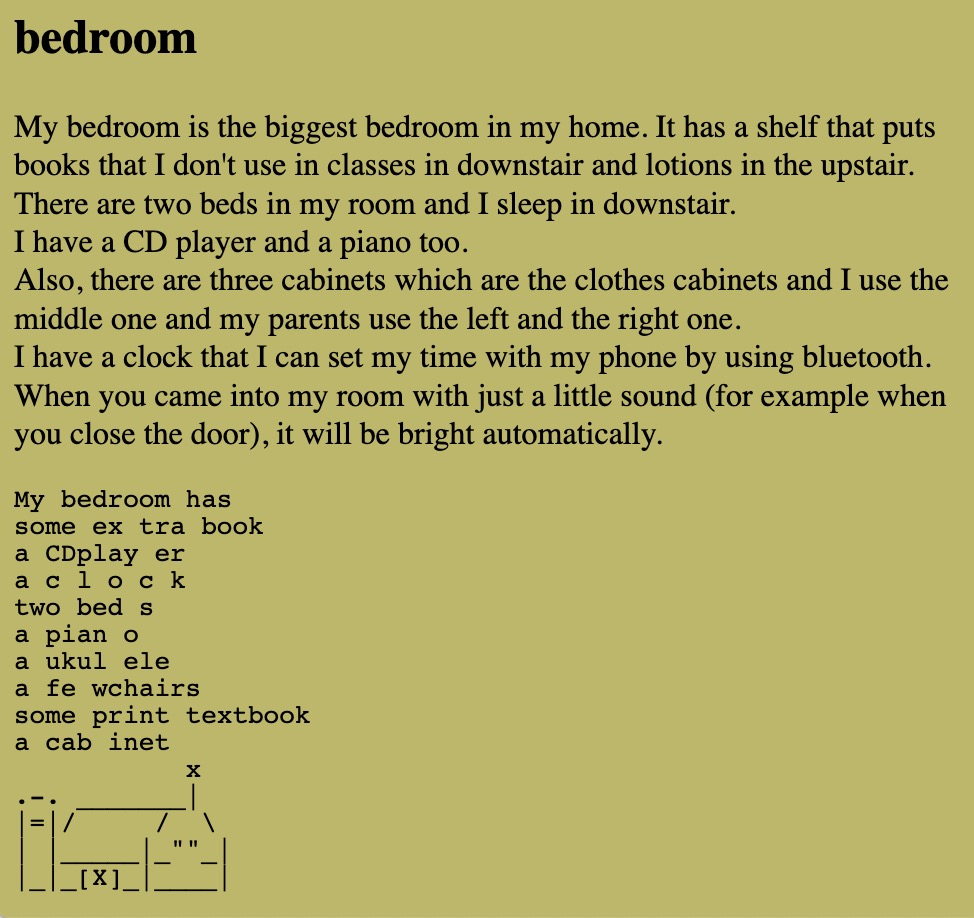 One of the students, Hailey Fong's work where she created an HTML webpage using different size headers and ASCII design using pre-formatted text. The website has a beige background.